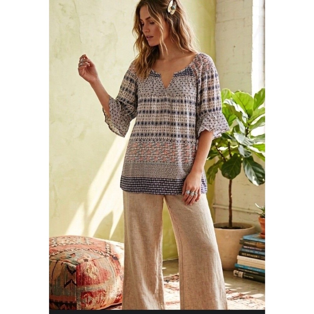 Eberjey Anthropologie Blue Boho Top Viscose Tunic Blouse Festival Hippie Medium